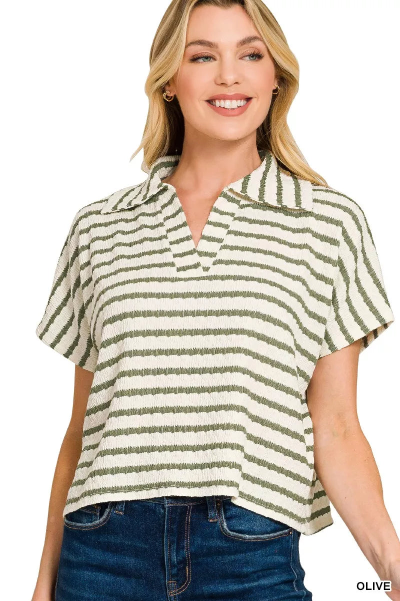 Striped Split Neck Collared Top