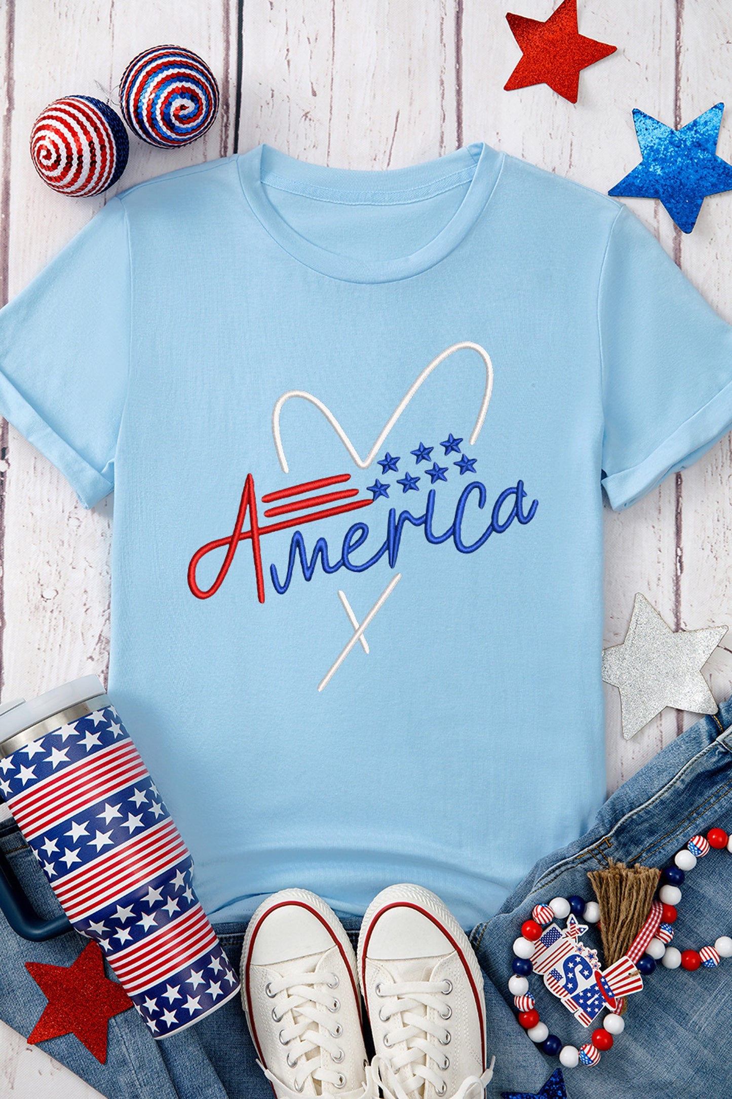 Light Blue Love America Embroidered Graphic Tee
