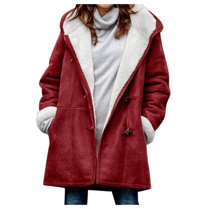 Winter Button Coat Fashion Warm Hooded Jacket With Pockets Women&