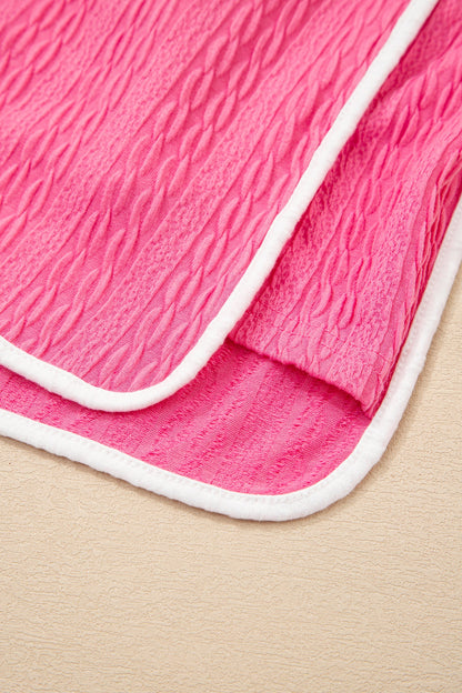 Bright Pink Textured Color Block Trim Loose Tee Drawstring Shorts 2pcs Set