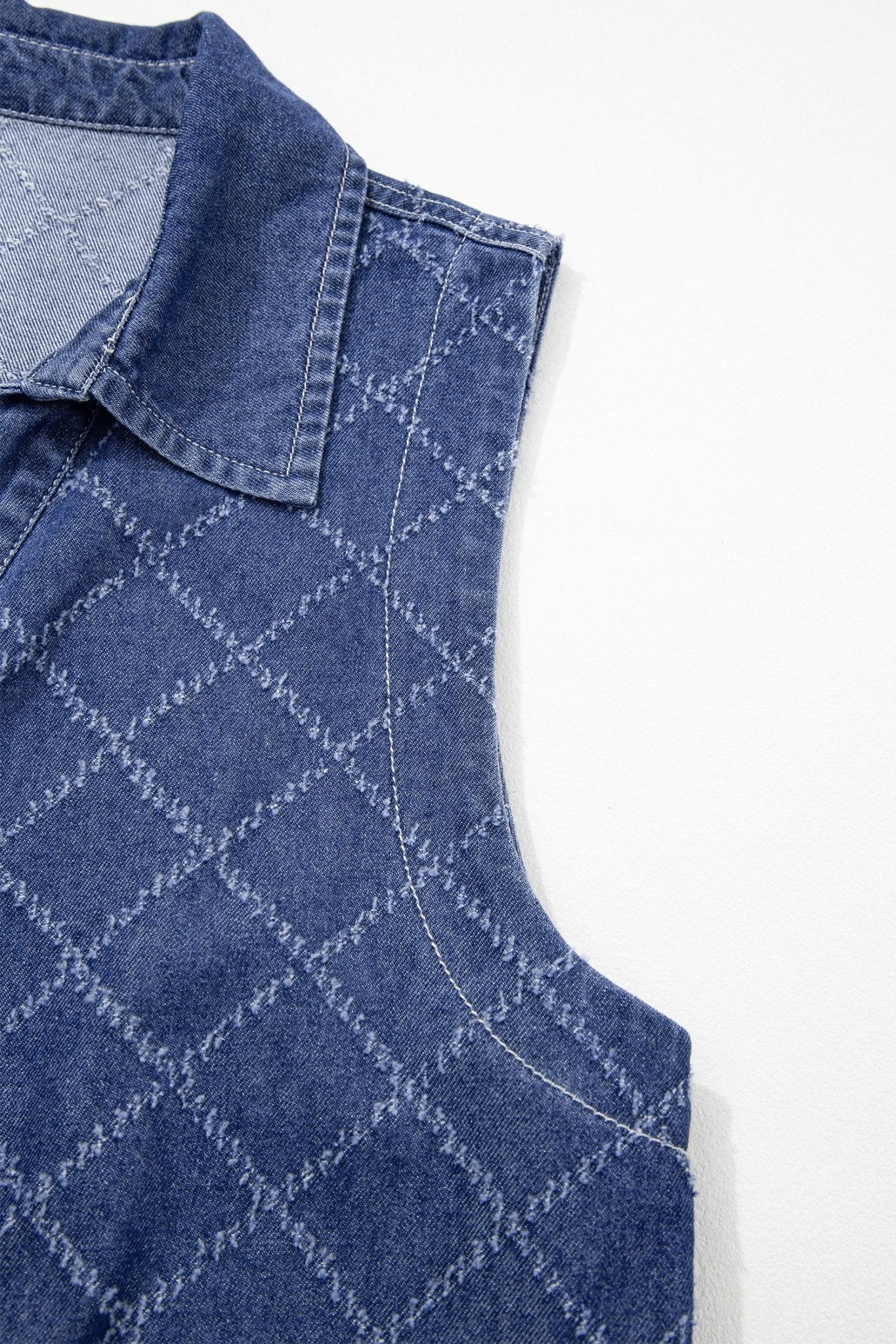 Sail Blue Rhombus Textured Collar Buttoned V Neck Denim Sleeveless Mini Dress - Loving It Shop