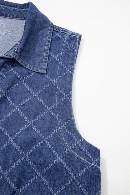 Sail Blue Rhombus Textured Collar Buttoned V Neck Denim Sleeveless Mini Dress - Loving It Shop