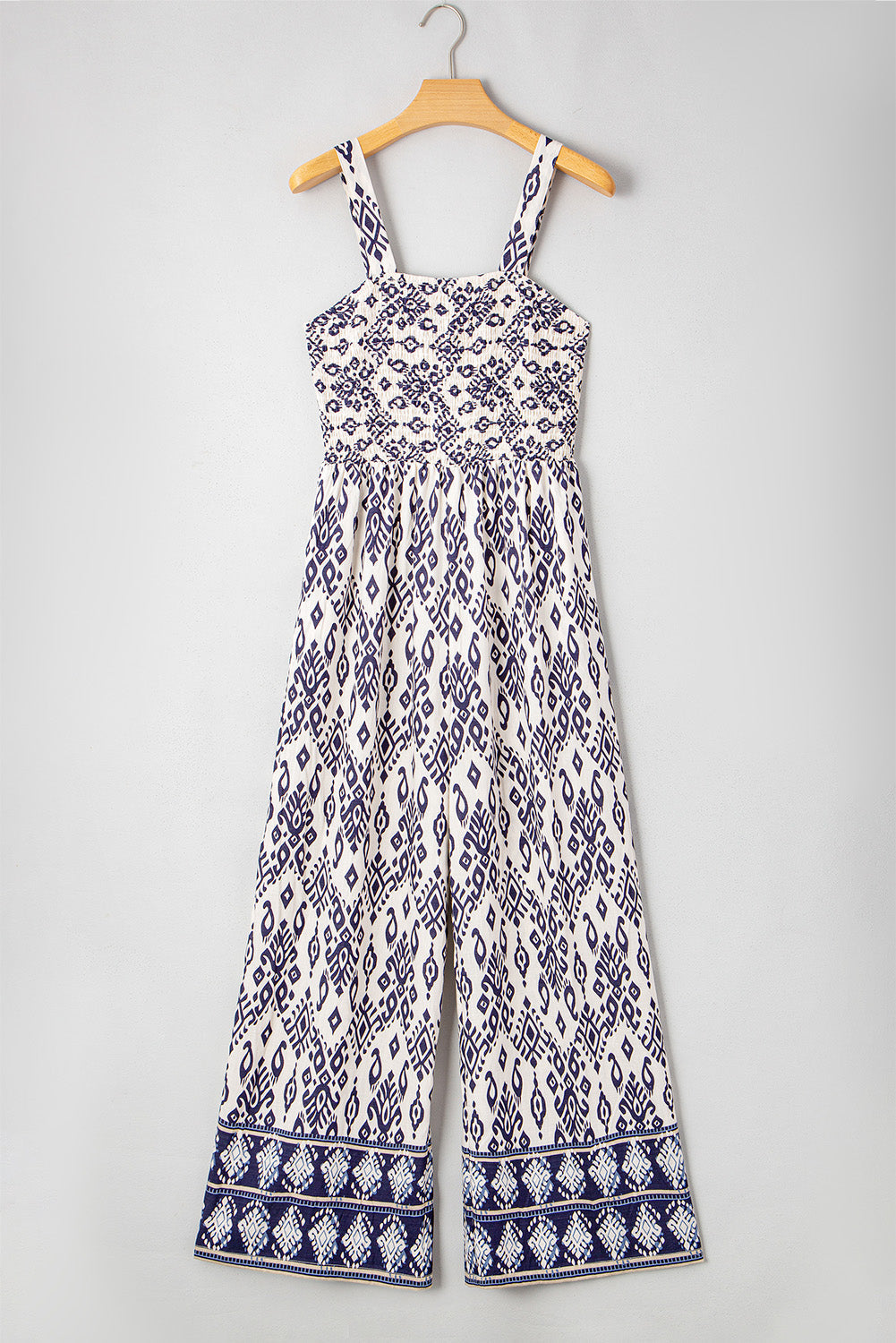 Blue Boho Geometric Print Shirred High Waist Wide Leg Jumpsuit