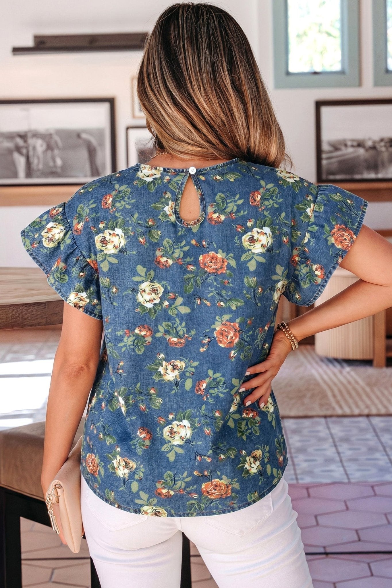 Ashleigh Blue Ruffled Short Sleeve Floral Denim Top - Loving It Shop