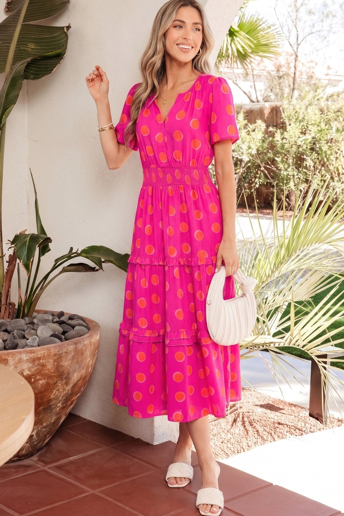 Rose Double Polka Dot Short Sleeve Shirred High Waist Midi Dress - Loving It Shop