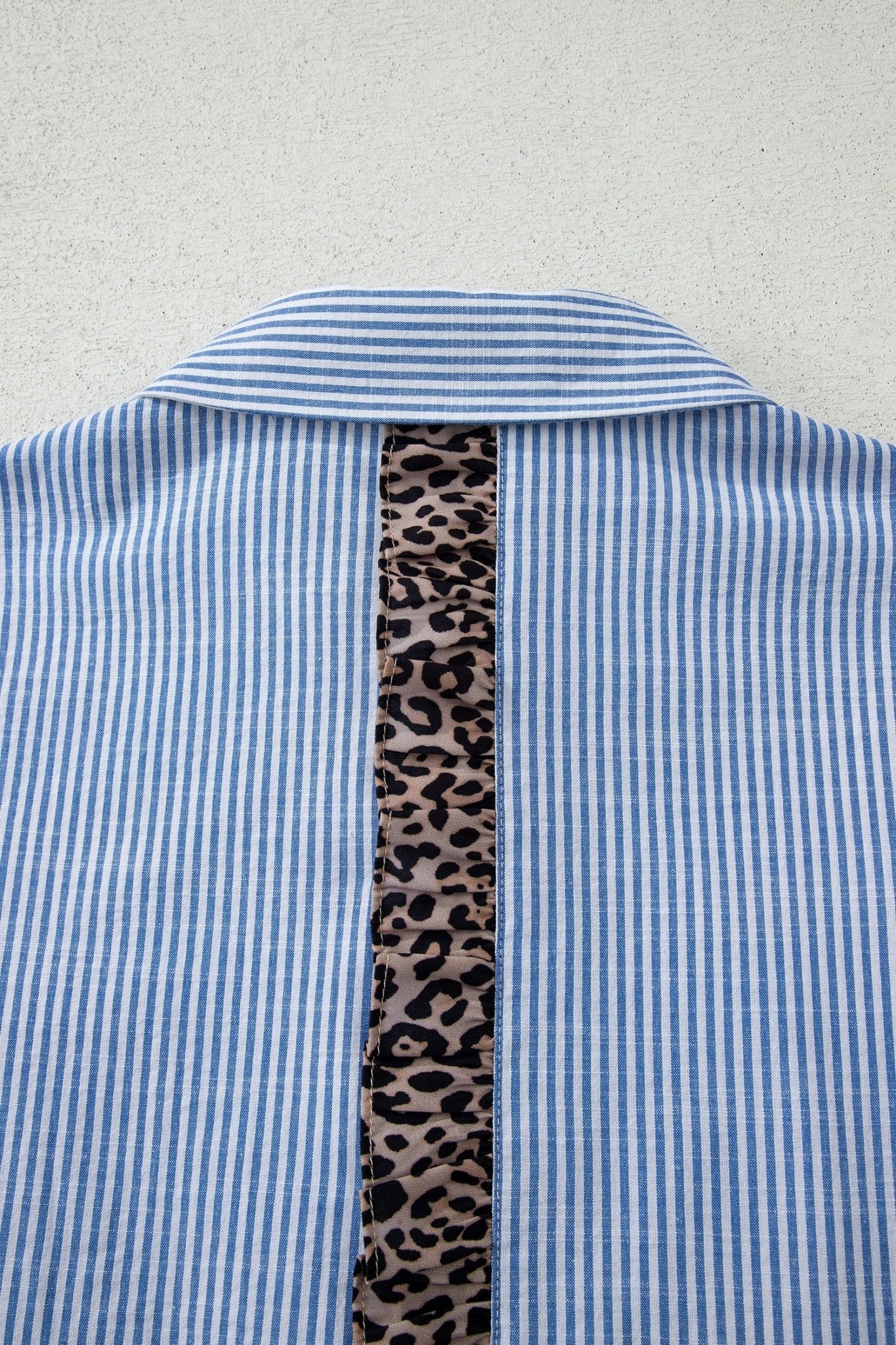 Sky Blue Stripe Contrast Frilled Leopard Trim Casual Long Sleeve Shirt - Loving It Shop
