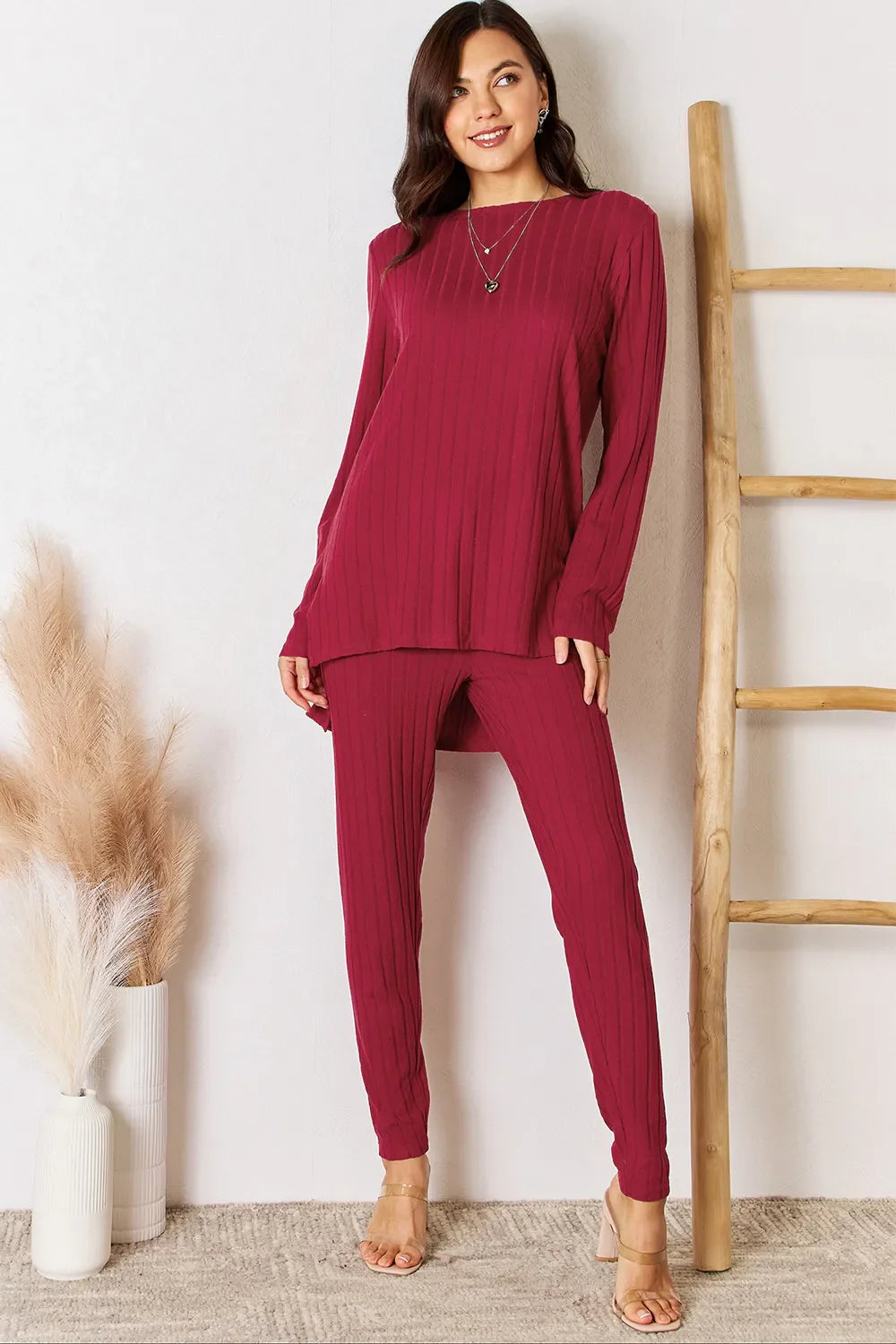 I am a Fashion Junky Full Size Ribbed Round Neck High-Low Slit Top and Pants Set