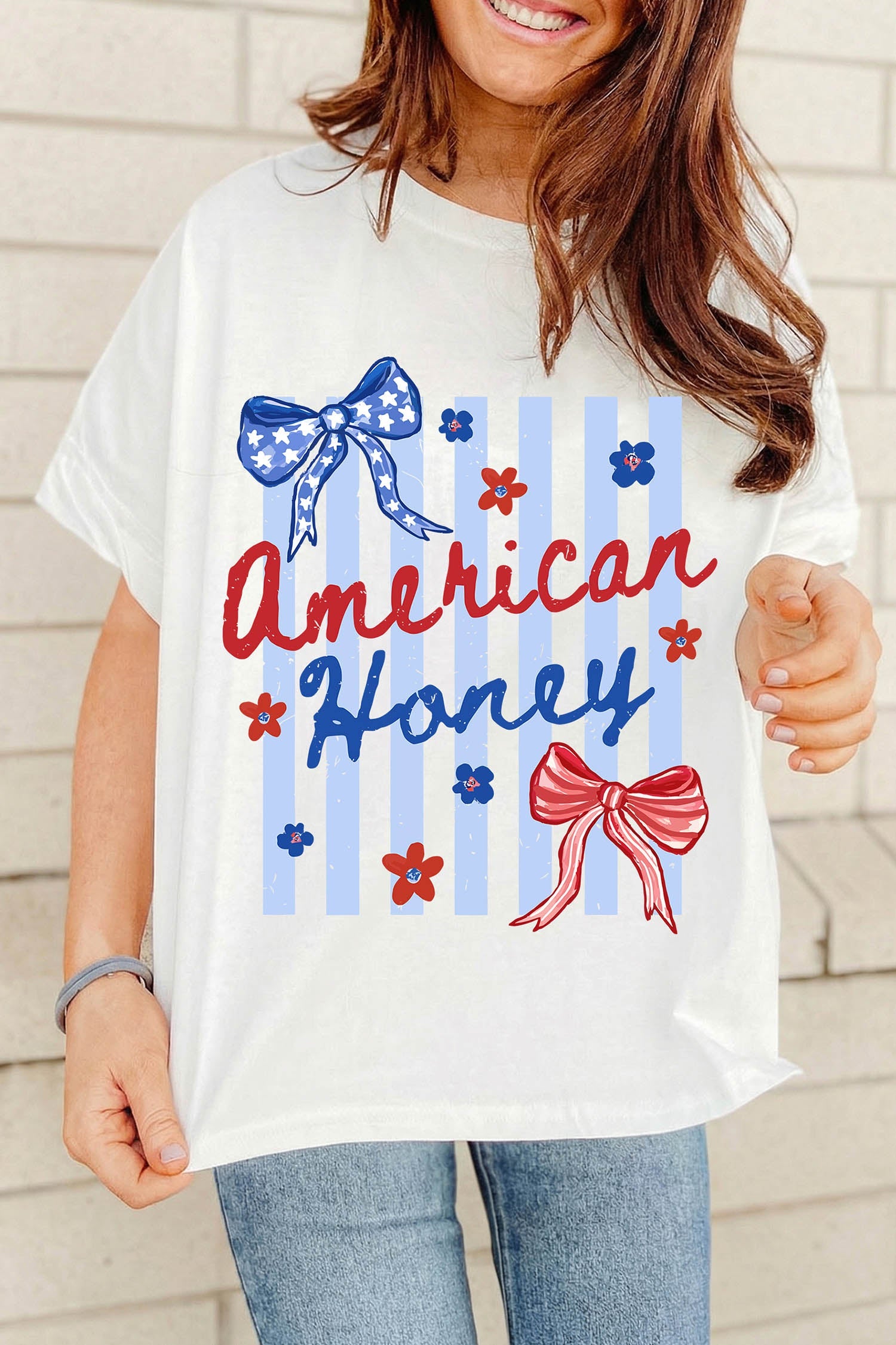 White American Honey Bow Flower Striped Graphic Tee - Loving It Shop