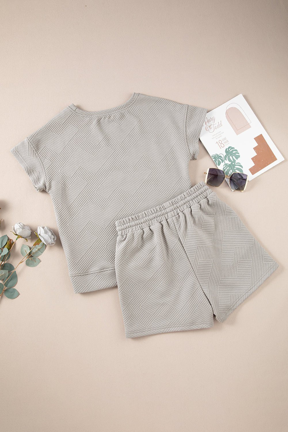 Gray Solid Color Textured Loose Top Casual Two Piece Short Set - Loving It Shop
