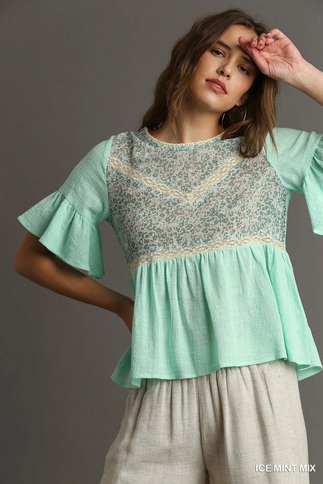 Floral Lace Trimmed Detail Half Sleeve Babydoll Top
