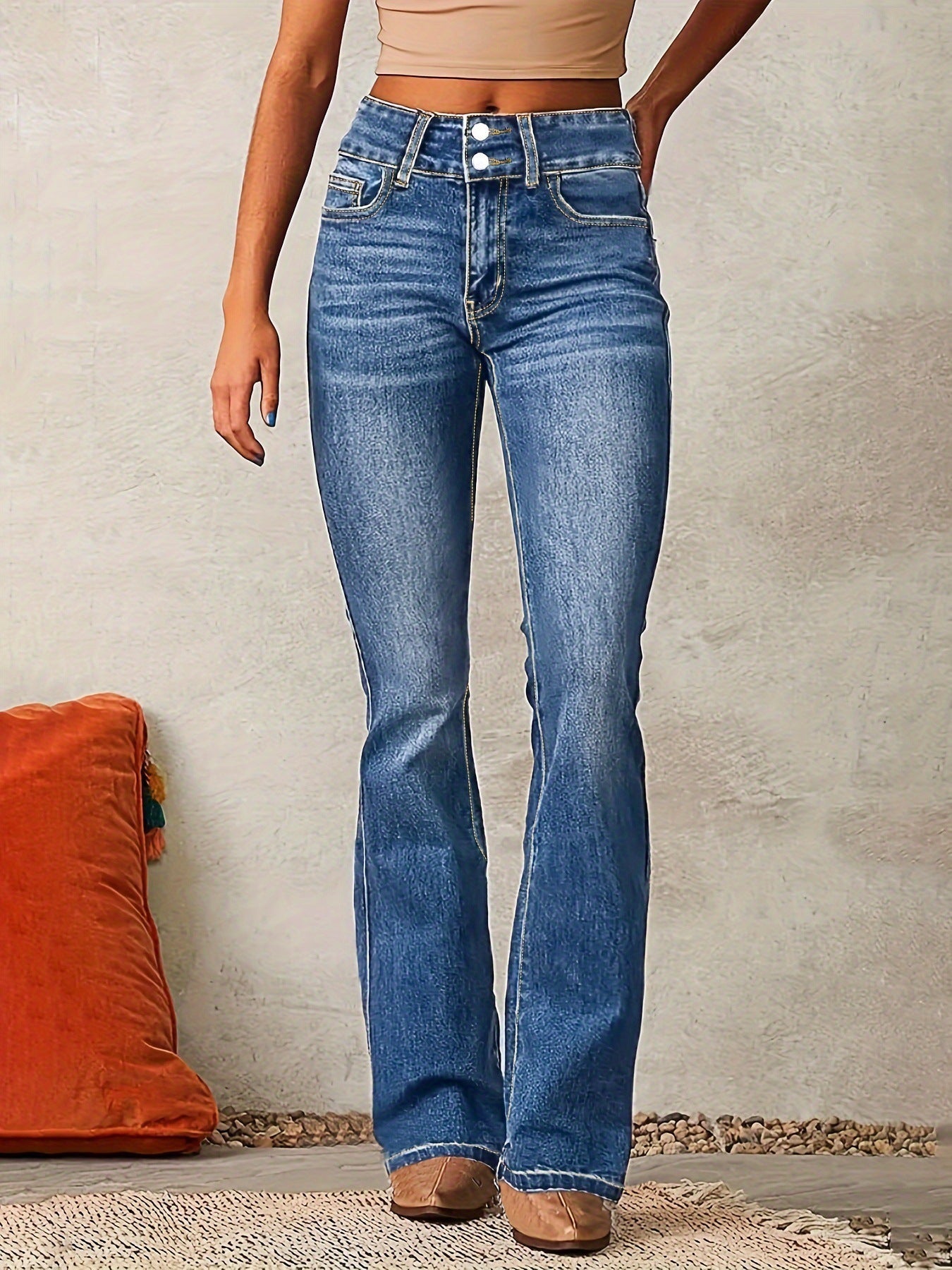 Skinny Flared Jeans With Pockets Fashion Button Zipper Trousers Women&