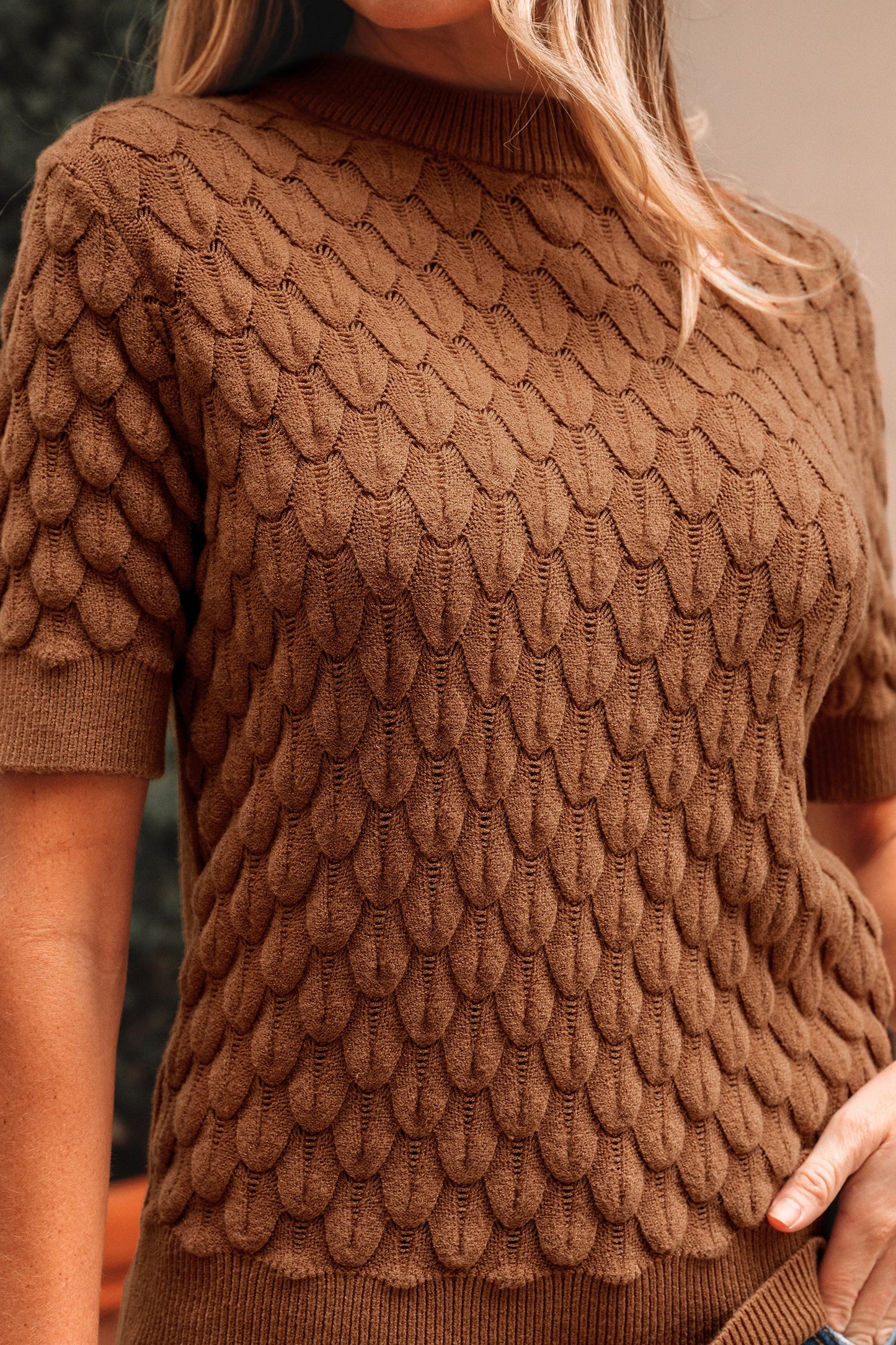 Straw Yellow Fish Scale Textured Knit Ribbed High Neck Short Sleeve Sweater
