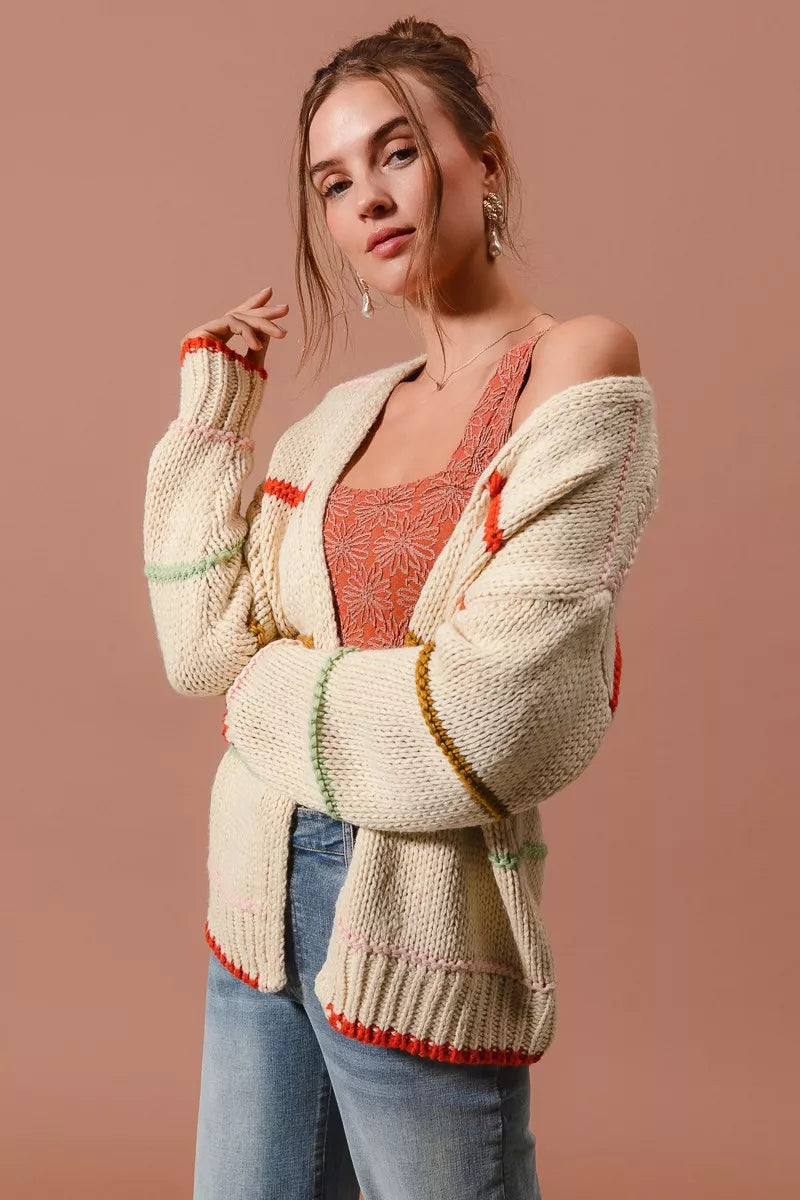 Loose Fit Multi Stripe Open Front Cardigan