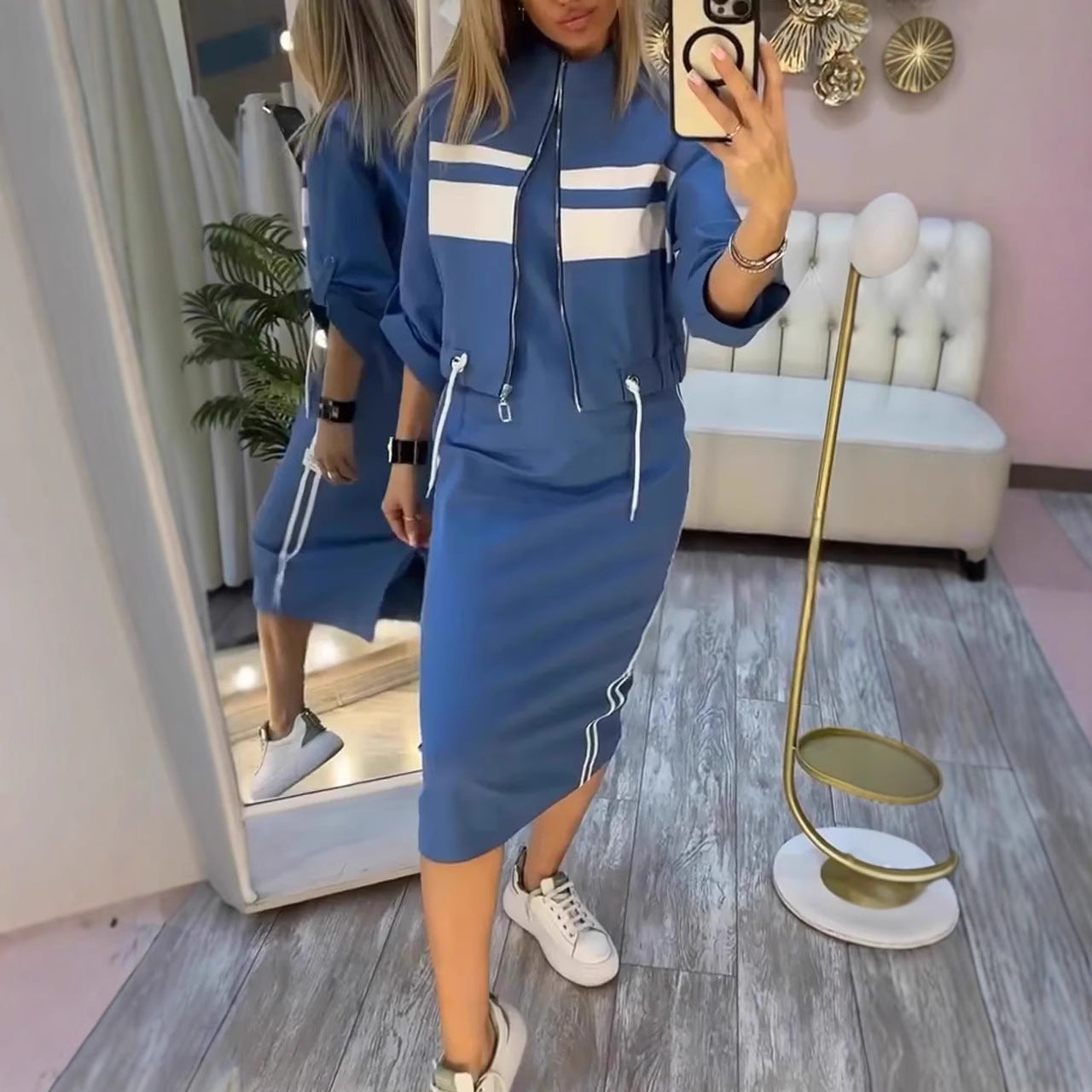 Casual Zipper White Stripe Edge Jacket Coat Dress Women&