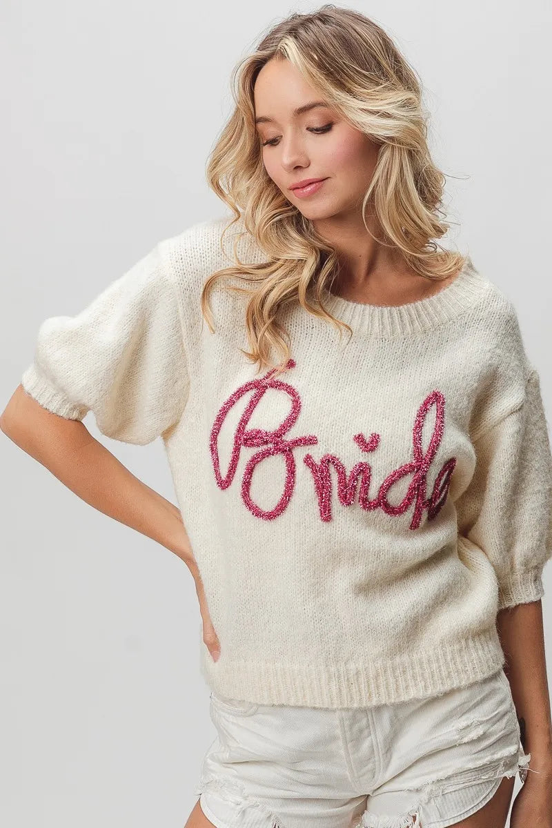 Metallic Letter Short Puff Sleeve Hairy Sweater