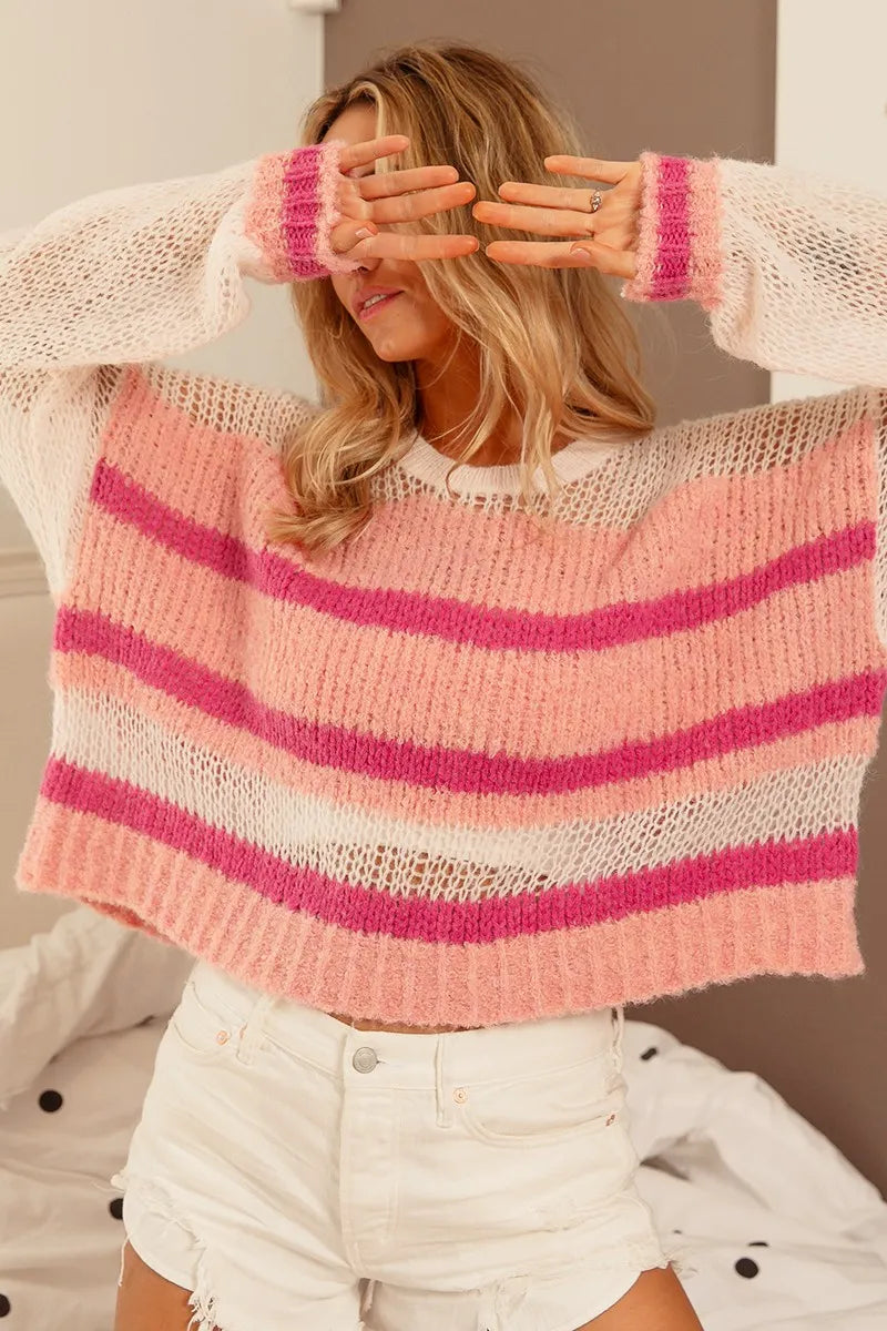 Hollow Out Yoke Detail Striped Sweater