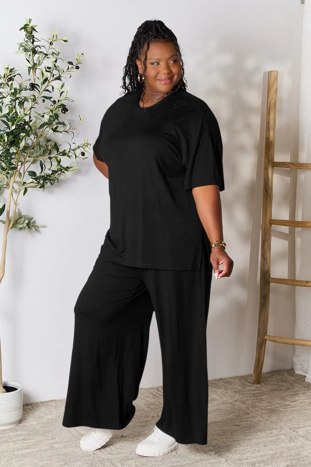 I am a Fashion Junky Full Size Round Neck Slit Top and Pants Set