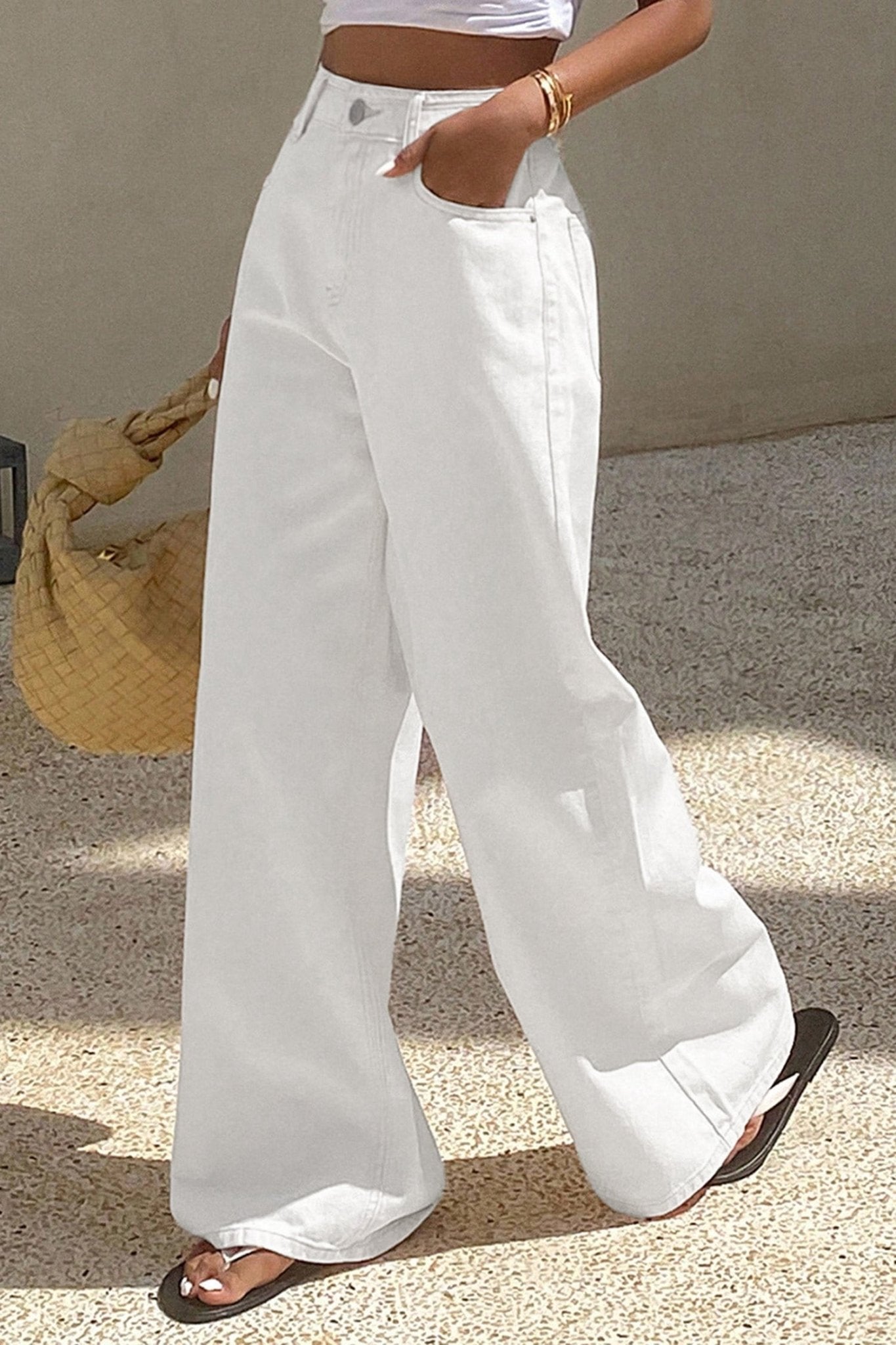 White Solid Color Loose Casual Jeans - Loving It Shop