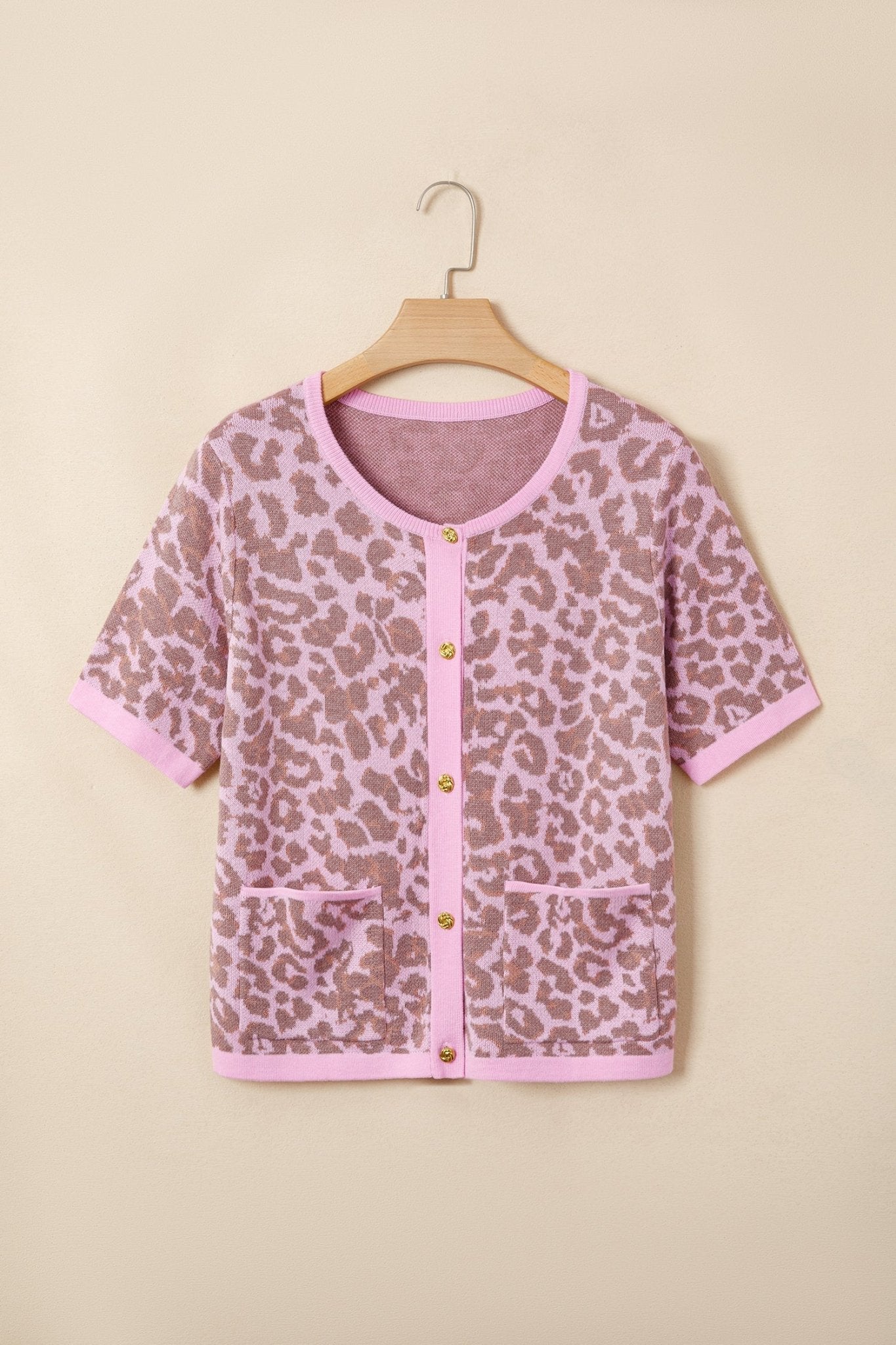 Pink Leopard Button Down Short Sleeve Sweater Cardigan - Loving It Shop