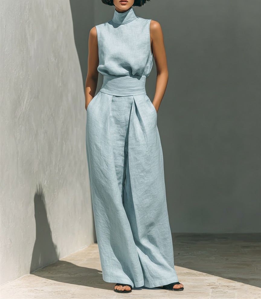 Casual Sleeveless Suit Summer Stand-up Collar Pullover Top And Loose Straight-leg Trousers Women's Clothing