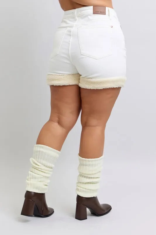 Full Size High Waist Shearling Cuff Denim Shorts Plus Size