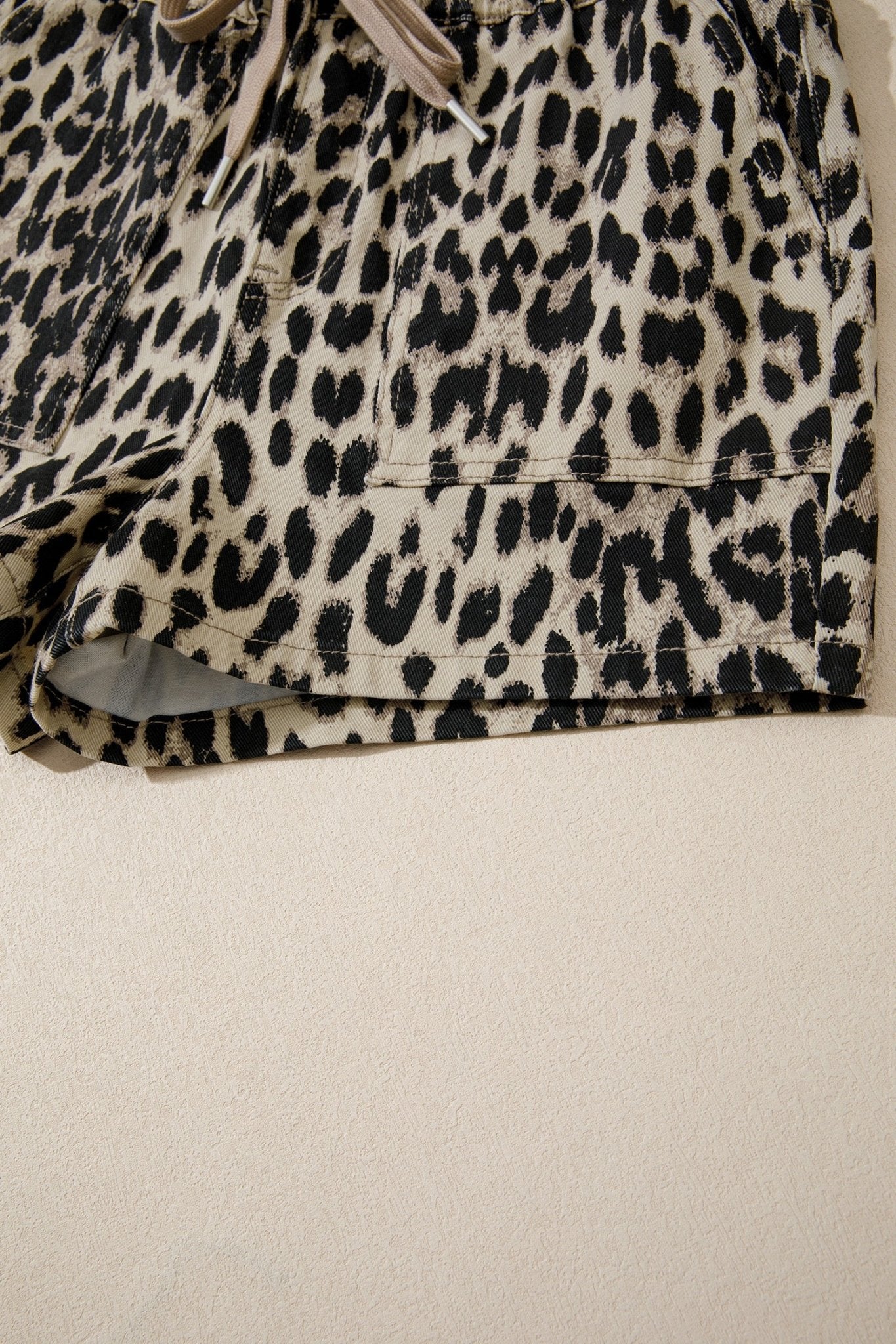 Brown Retro Leopard Print Lace - up Elastic Waistband Mid Rise Denim Shorts - Loving It Shop