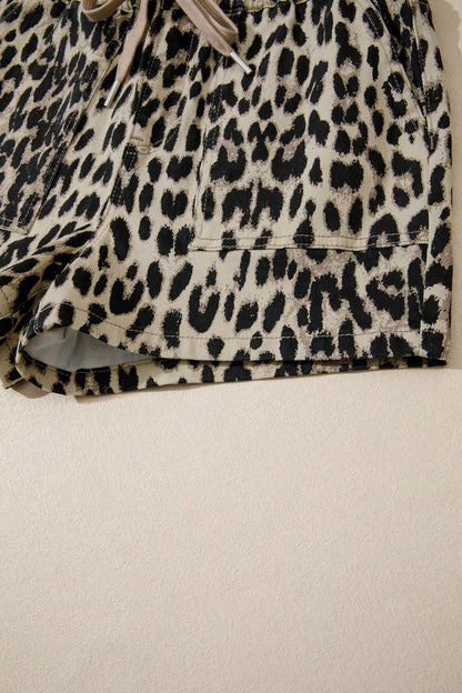 Brown Retro Leopard Print Lace - up Elastic Waistband Mid Rise Denim Shorts - Loving It Shop