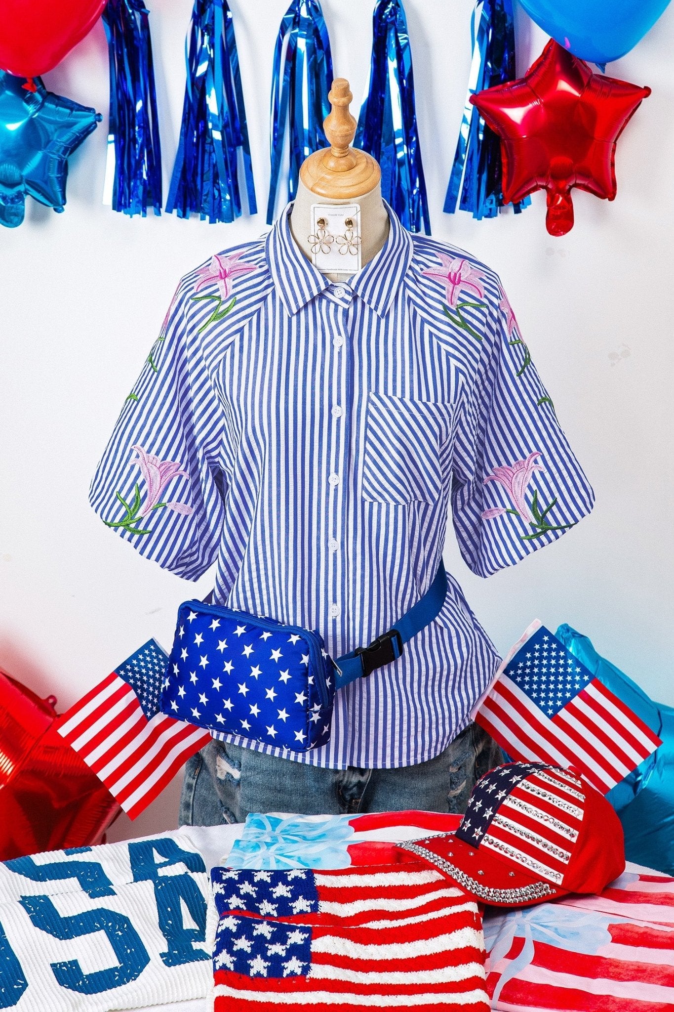 Sky Blue Stripe Lily Floral Embroidered Puff Sleeve Button Down Shirt - Loving It Shop
