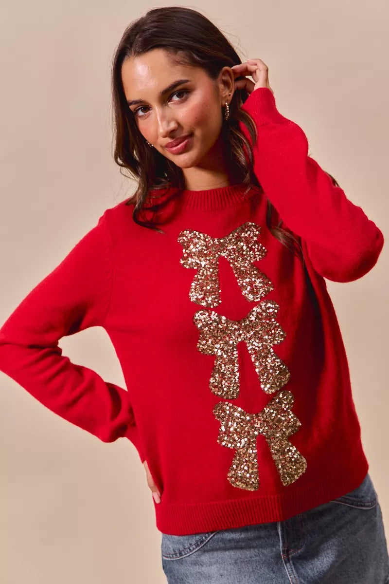 Sequins Bow Ribbon Embellished Christmas Sweater