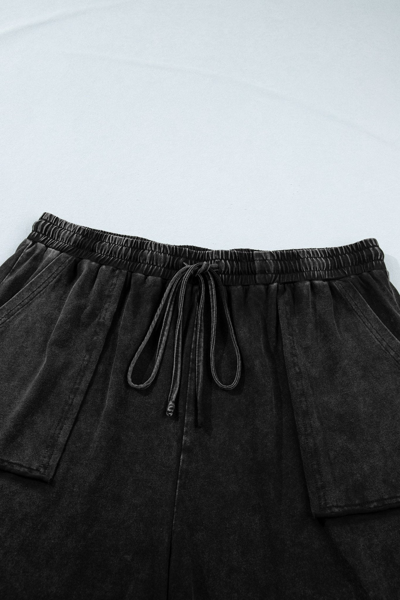 Black Mineral Wash Elastic Waist Drawstring Ruffle Hem Plus Shorts - Loving It Shop