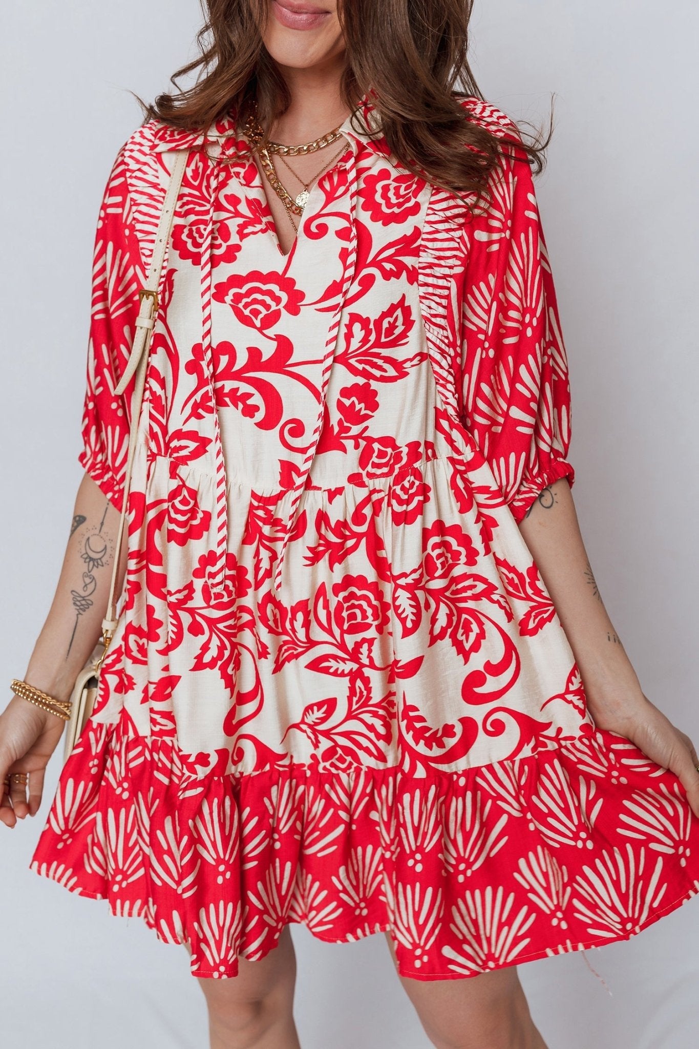 Red Collared V Neck Half Sleeve Loose Flower Mini Dress - Loving It Shop