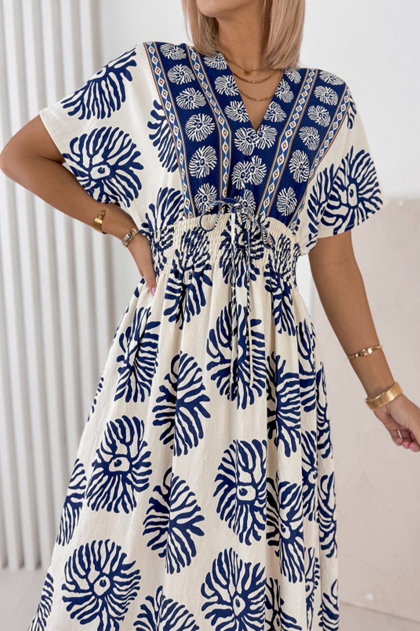 Blue Boho Floral Print Contrast Patchwork V Neck Dolman Maxi Dress - Loving It Shop