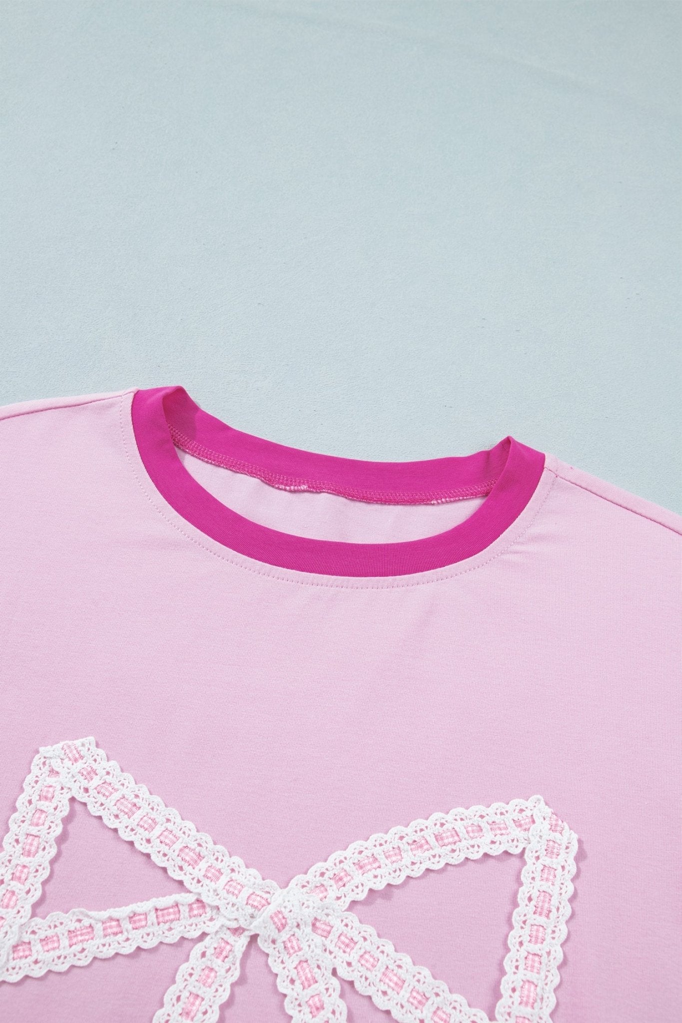 Gossamer Pink Embroidered Bow Detail Color Block Loose Tee - Loving It Shop