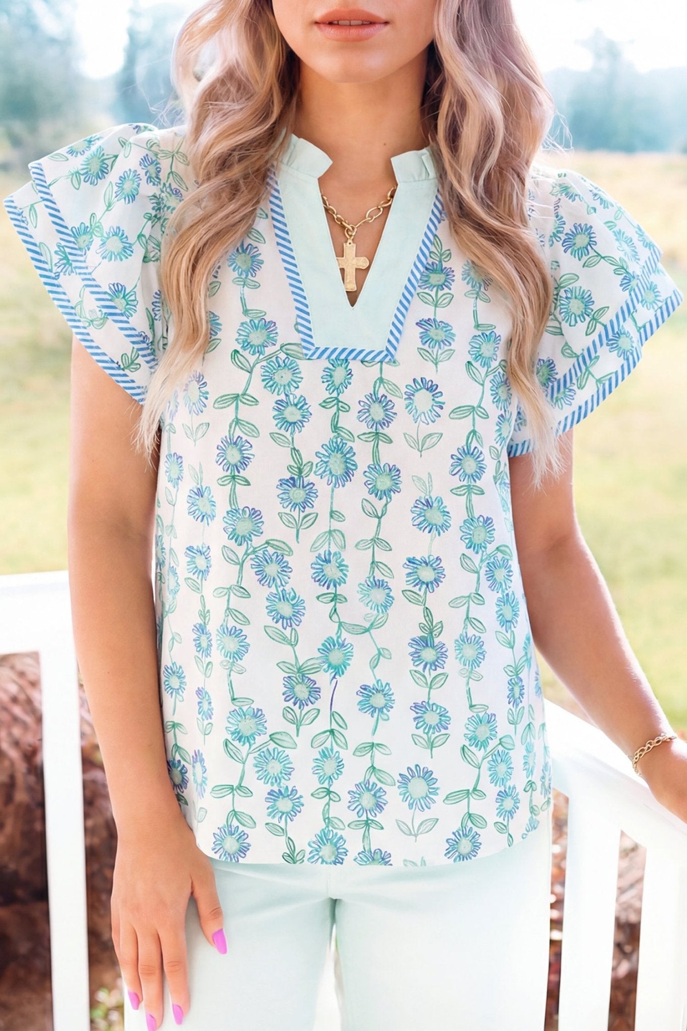 Green Floral Print Striped Detail Contrast V Neck Patchwork Flutter Sleeve Blouse - Loving It Shop