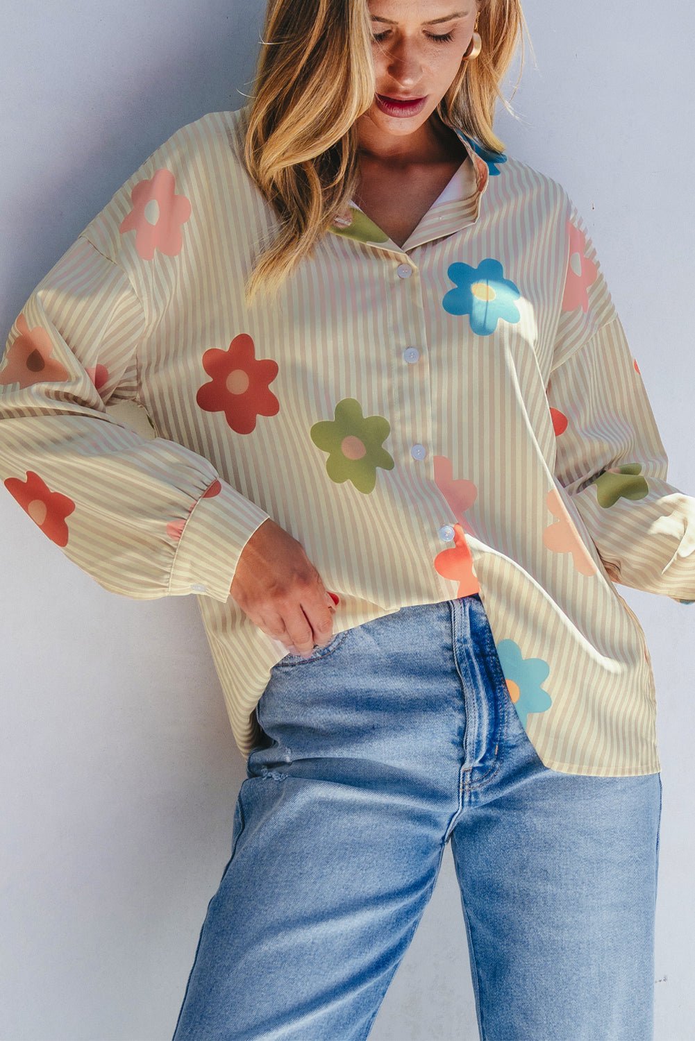 Apricot Stripe Flower Print Collared Button - up Loose Fit Shirt - Loving It Shop