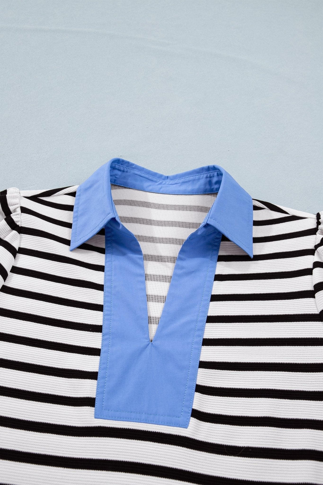 Black Stripe Short Puff Sleeve Color Block Polo Collar Blouse - Loving It Shop