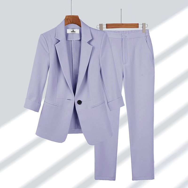 2pcs Casual Blazer Set Solid Color Lapel Single-breasted Jacket And Zipper Straight Pants Women&