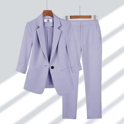 2pcs Casual Blazer Set Solid Color Lapel Single-breasted Jacket And Zipper Straight Pants Women&