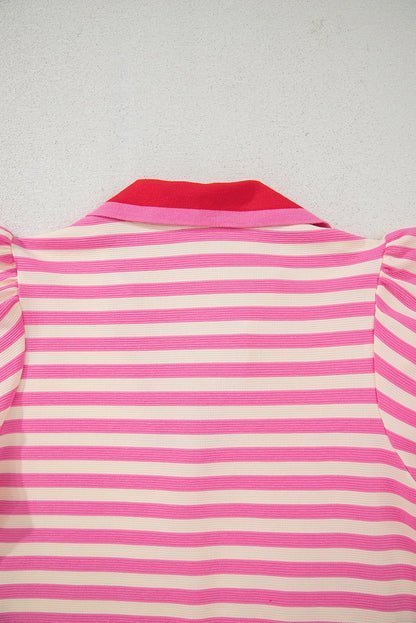 Sachet Pink Stripe Print Contrast Collar Split Neck Flutter Sleeve Short Dress - Loving It Shop