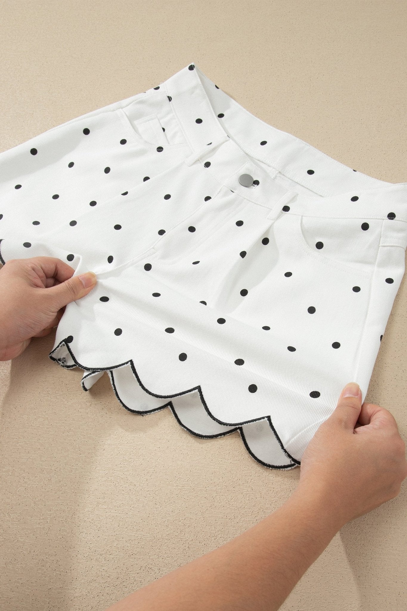 White Polka Dot Print Embroidered Scallop Hem Shorts - Loving It Shop