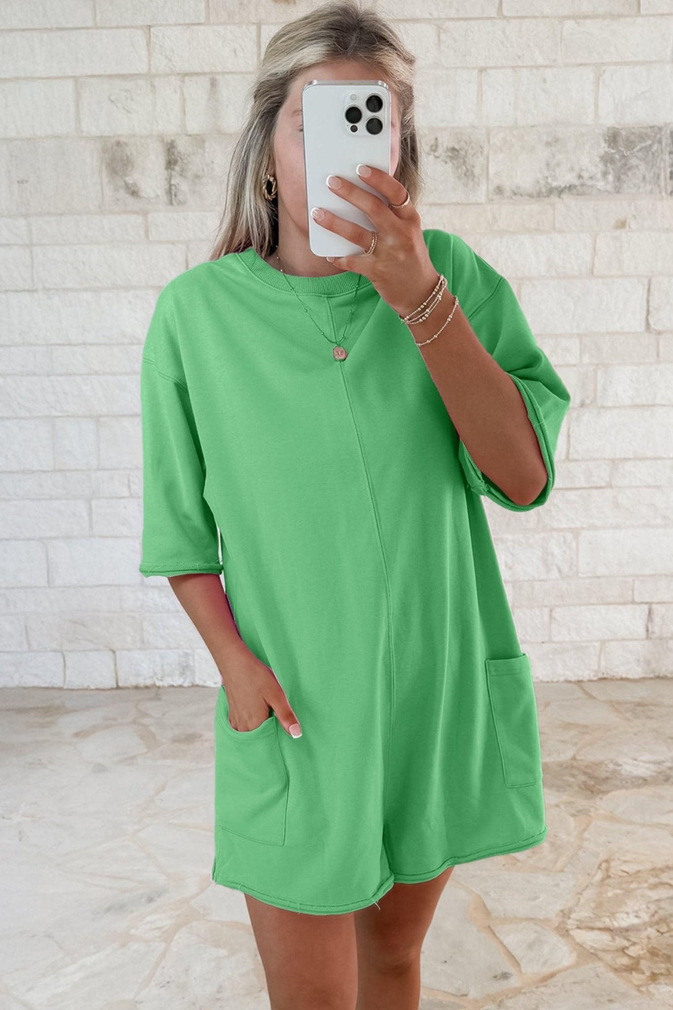 Bright Green Solid Color Raw Edge Half Sleeve Pocketed Loose Romper - Loving It Shop