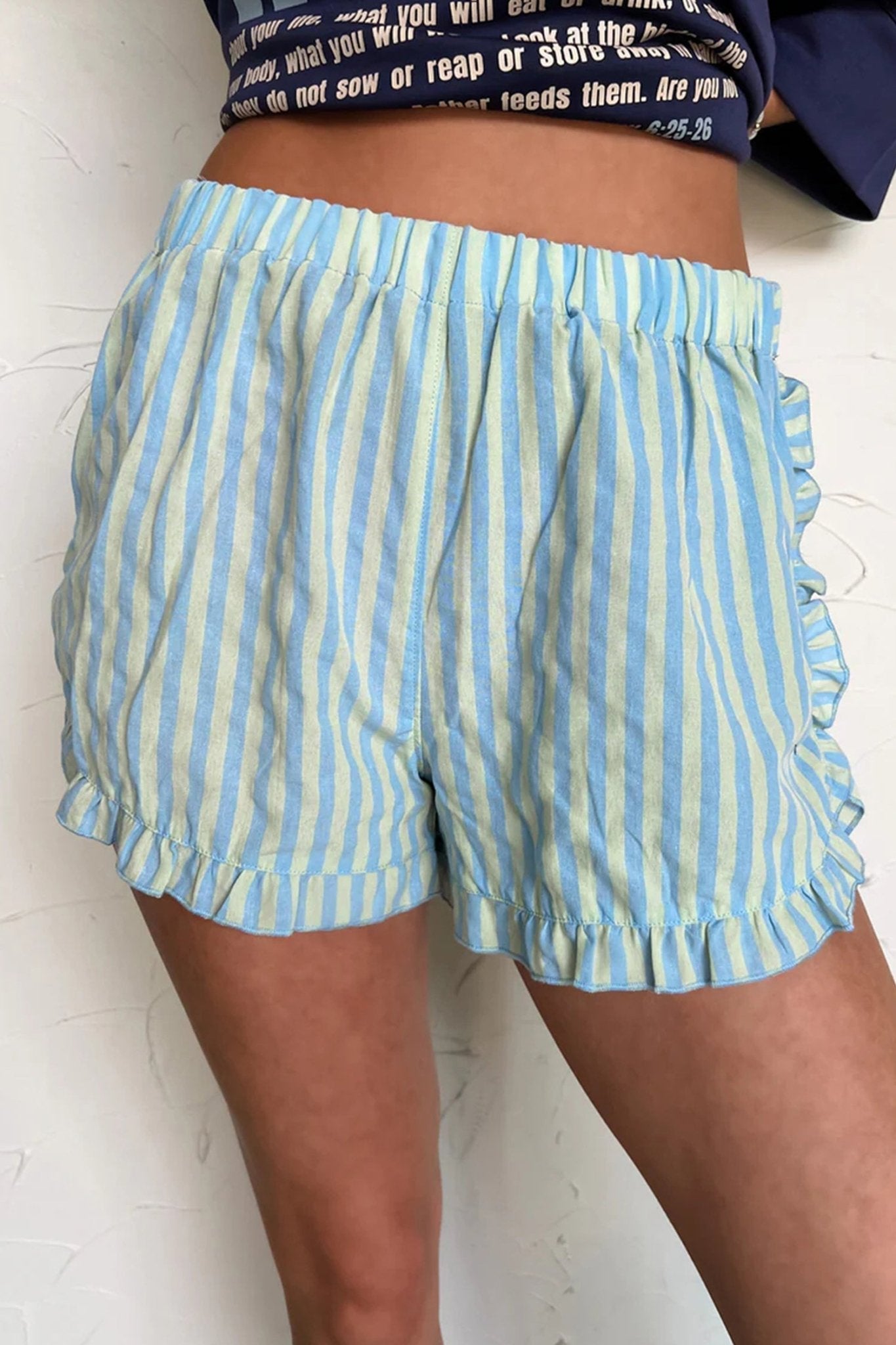 Sky Blue Stripe Elastic Waist Ruffle Trim Casual Shorts - Loving It Shop