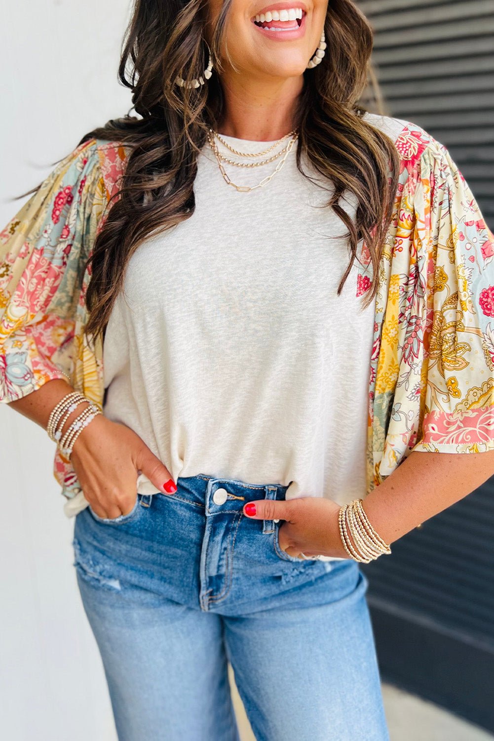 Beige Floral Patchwork Half Batwing Sleeve Blouse - Loving It Shop