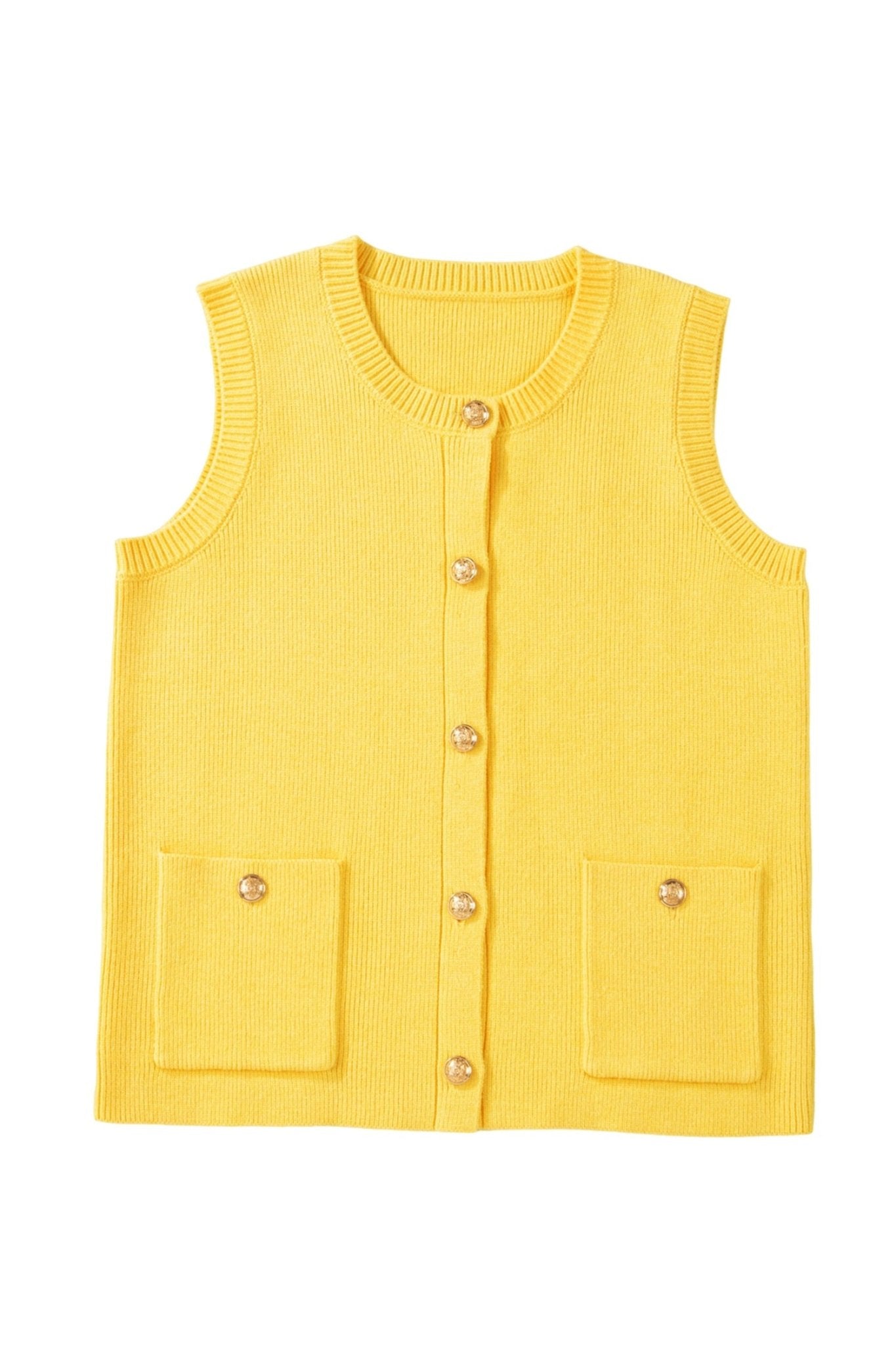 Yellow Cream Solid Color Sleeveless Knit Button Pocketed Sweater - Loving It Shop