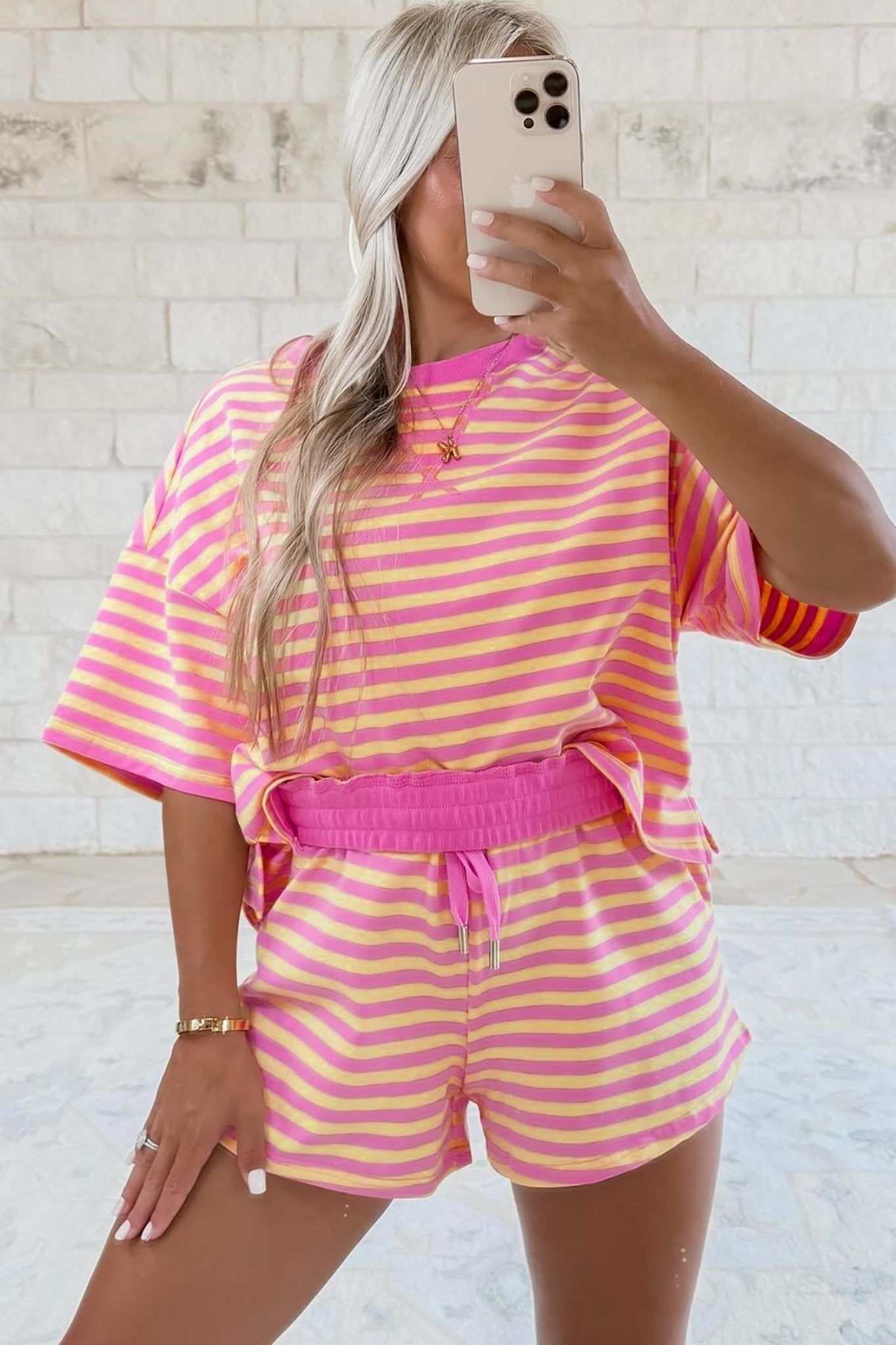 Rose Stripe Drop Shoulder Boxy Casual Terry Short Set - Loving It Shop