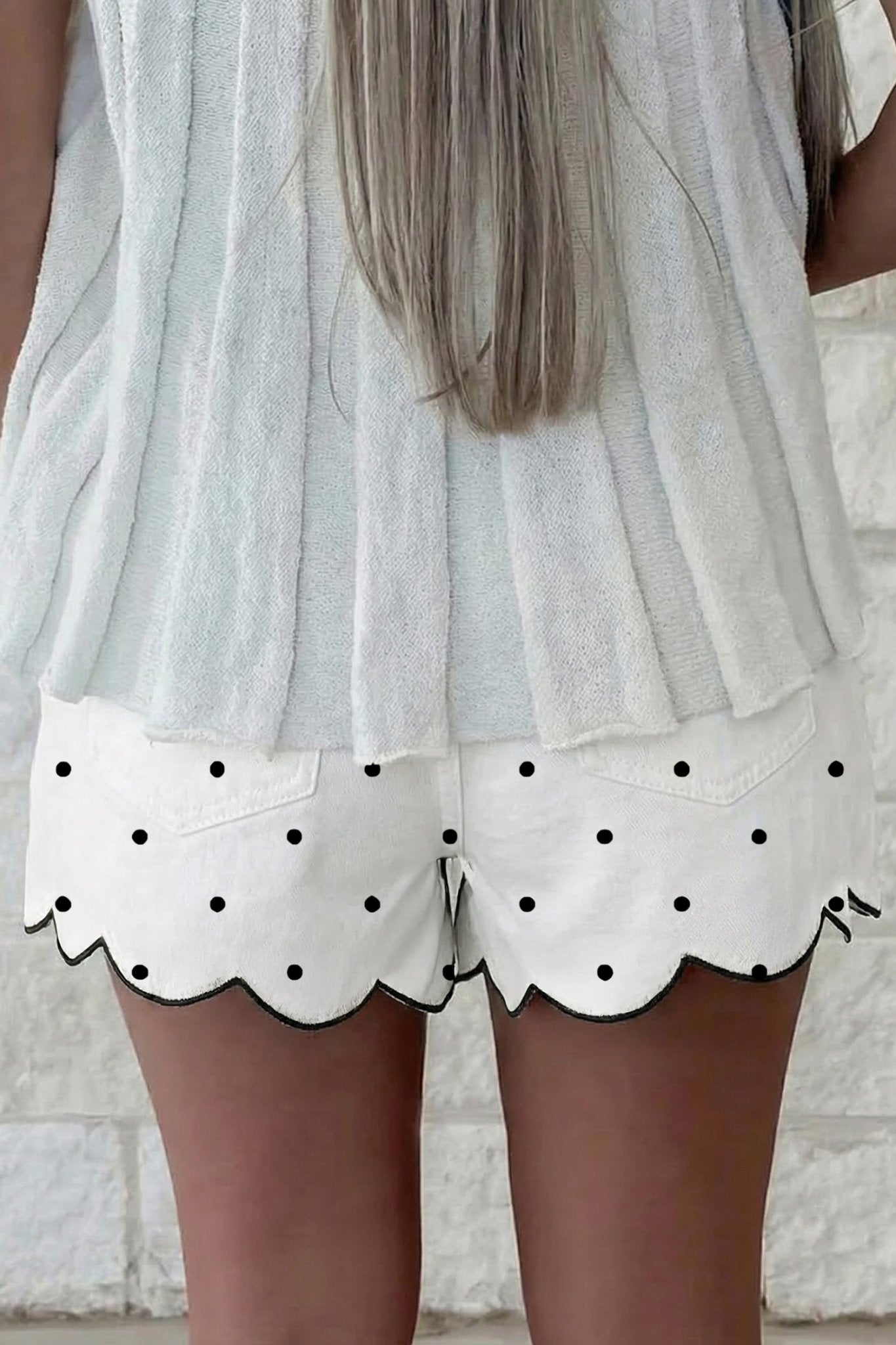 White Polka Dot Print Embroidered Scallop Hem Shorts - Loving It Shop