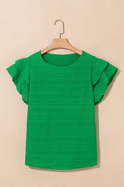Dark Green Ruffle Sleeve Textured Smocked Blouse