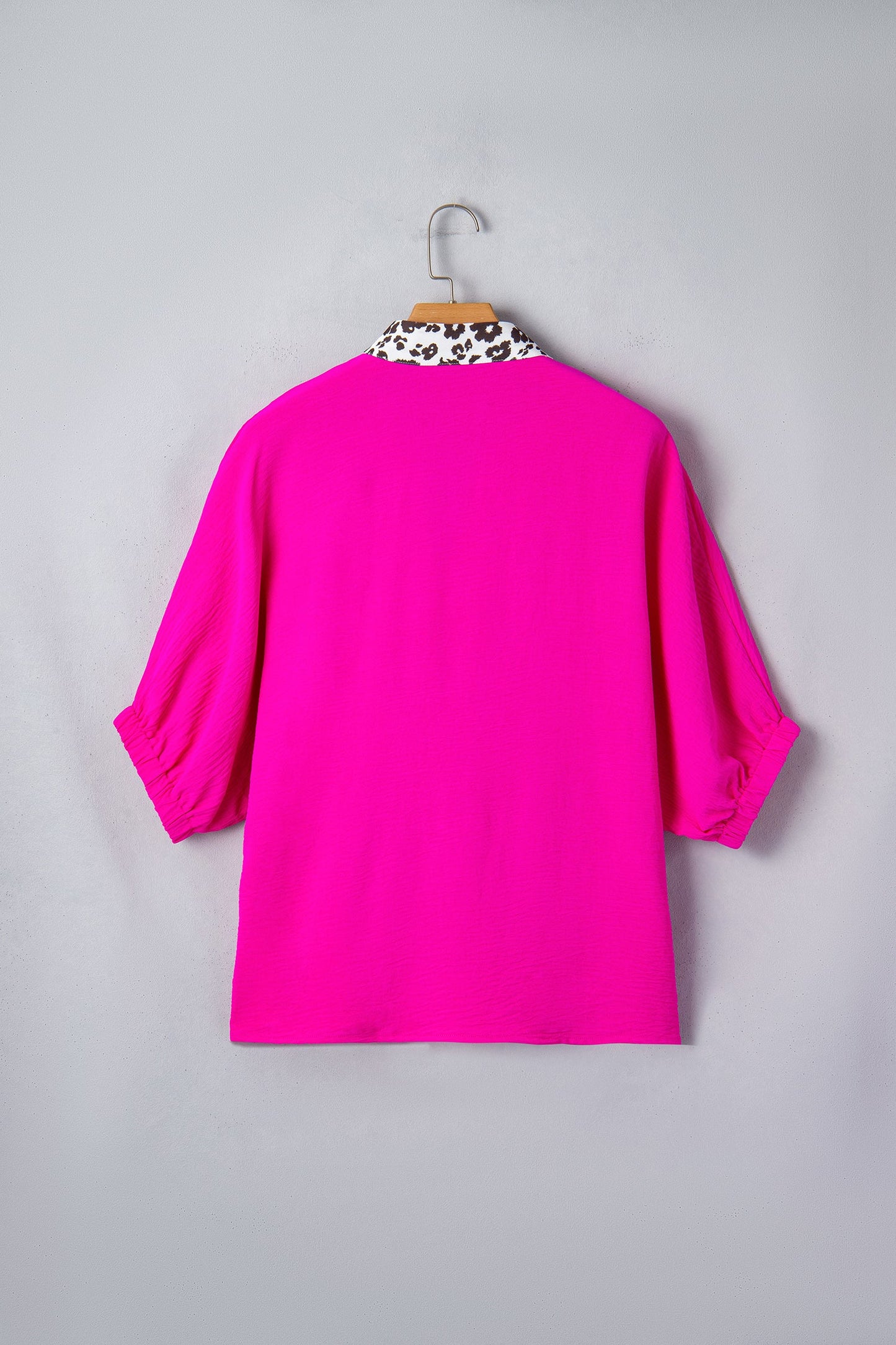 Rose Red Dolman Half Sleeve Leopard Patchwork Trim V Neck Blouse