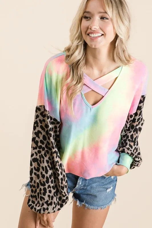 Tie Dye Terry Top with Leopard Puff Sleeves