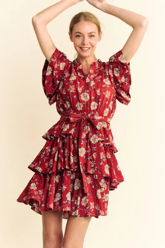Davi &amp; Dani Ruffle Flutter Sleeve Tie Belt Tiered Mini Dress
